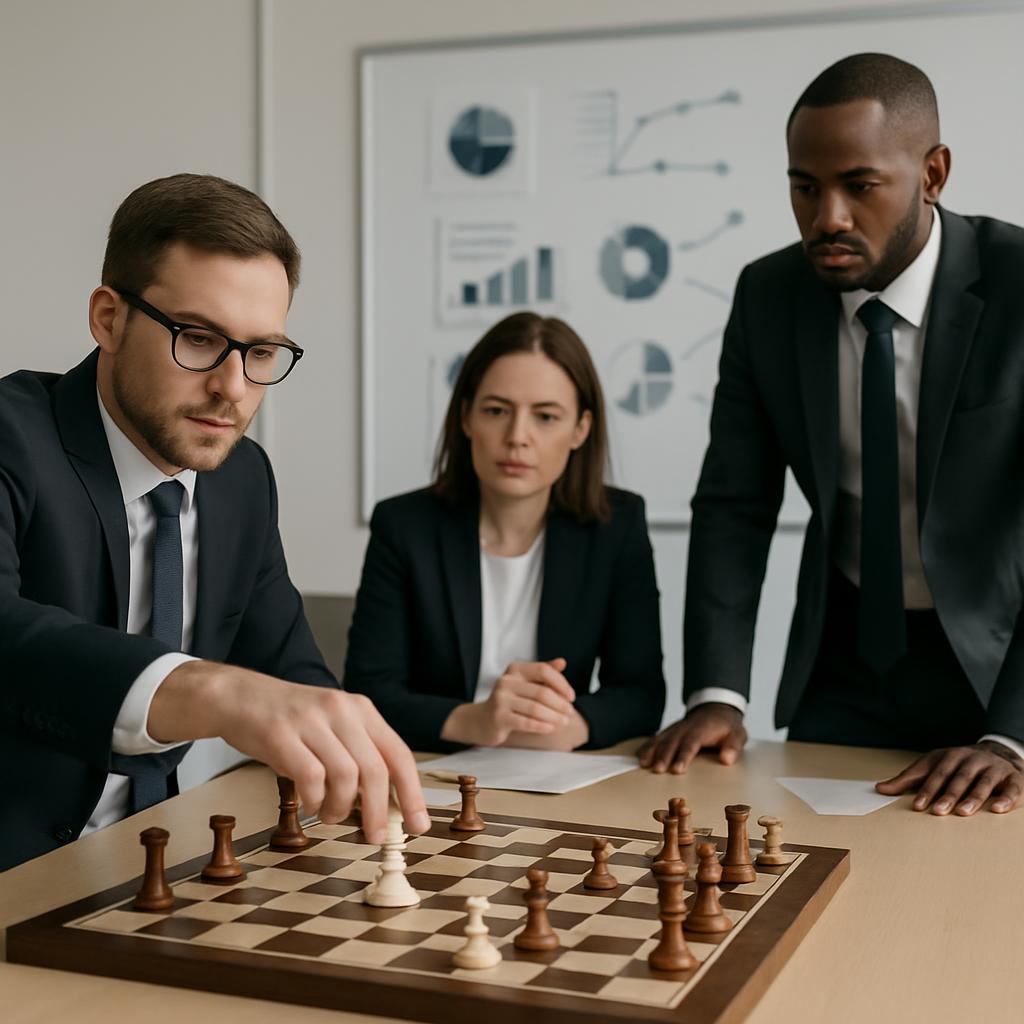 Three business people are playing chess in a modern office during a meeting.